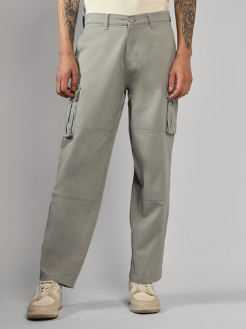 Men's Grey Solid Relaxed Fit Cargos