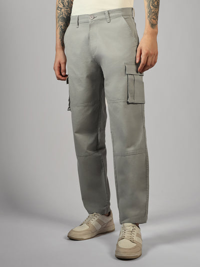 Men's Grey Solid Relaxed Fit Cargos