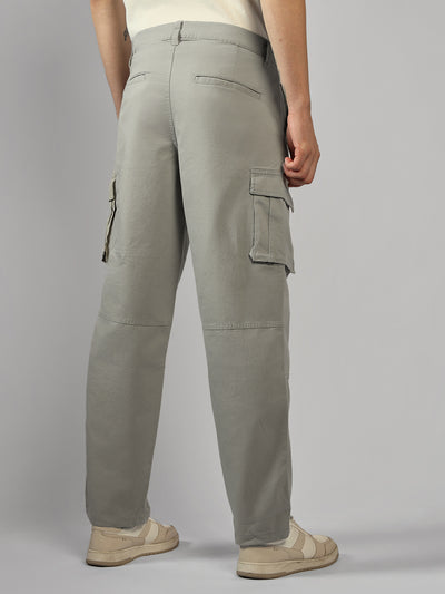 Men's Grey Solid Relaxed Fit Cargos