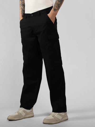 Men's Black Solid Relaxed Fit Cargos