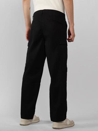 Men's Black Solid Relaxed Fit Cargos