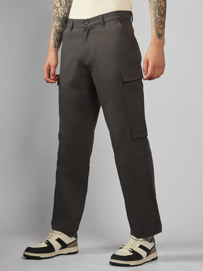 Men's Dark Grey Solid Relaxed Fit Cargos