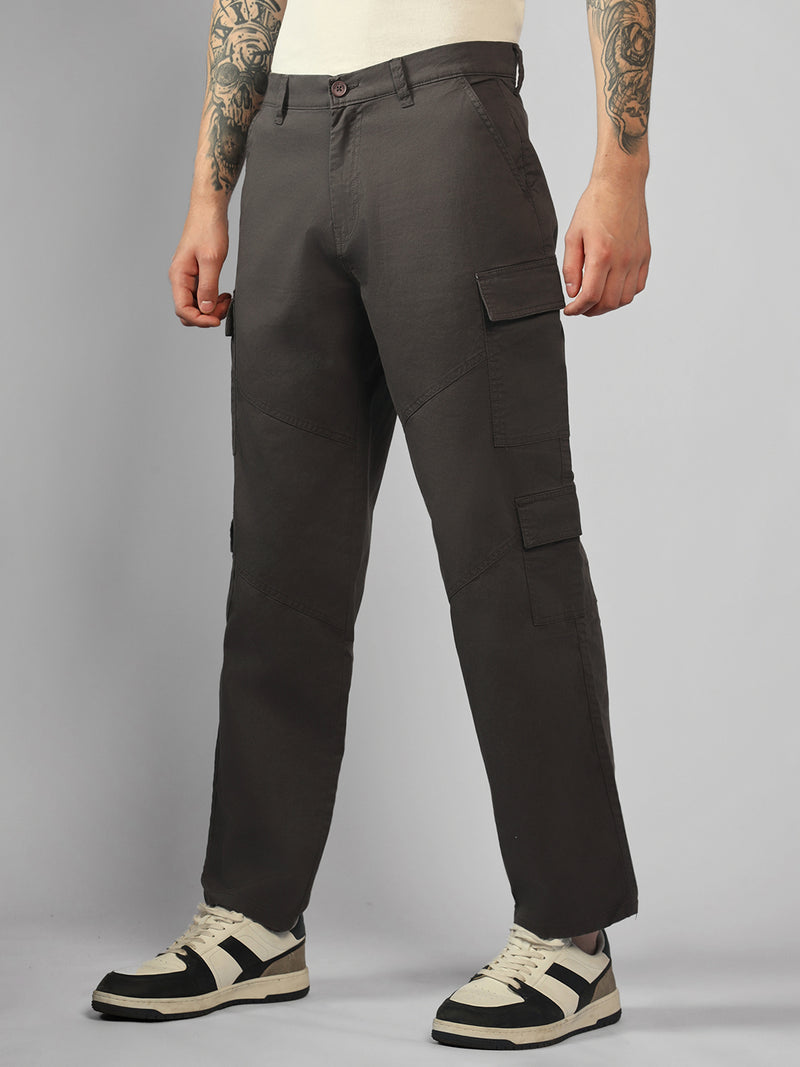 Men's Dark Grey Solid Relaxed Fit Cargos