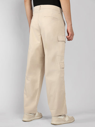 Men's Cream Solid Relaxed Fit Cargos