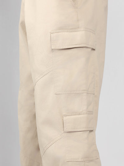 Men's Cream Solid Relaxed Fit Cargos