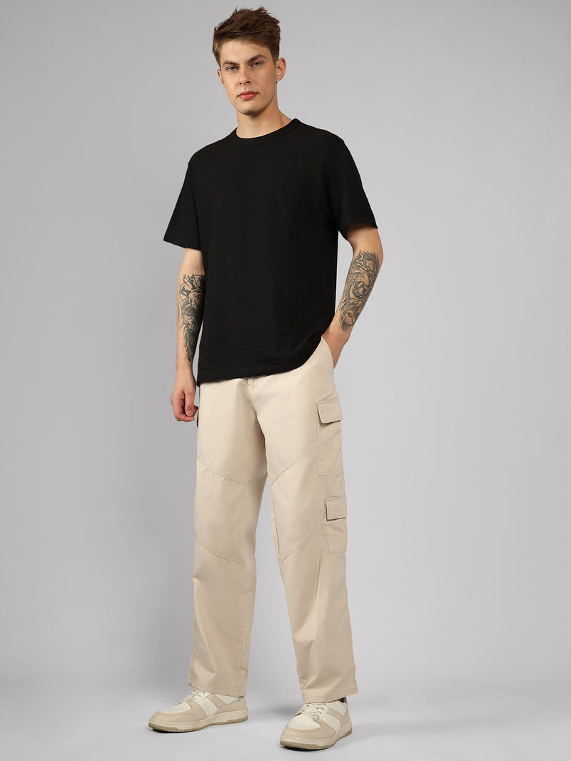 Men's Cream Solid Relaxed Fit Cargos