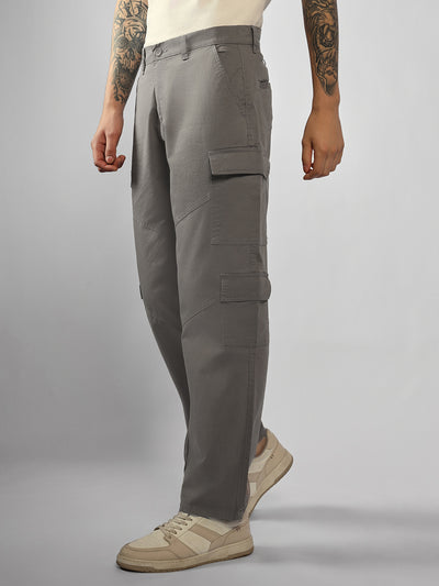 Men's Light Grey Solid Relaxed Fit Cargos