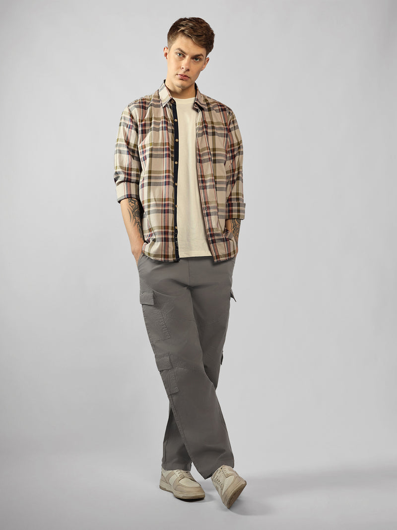 Men's Light Grey Solid Relaxed Fit Cargos