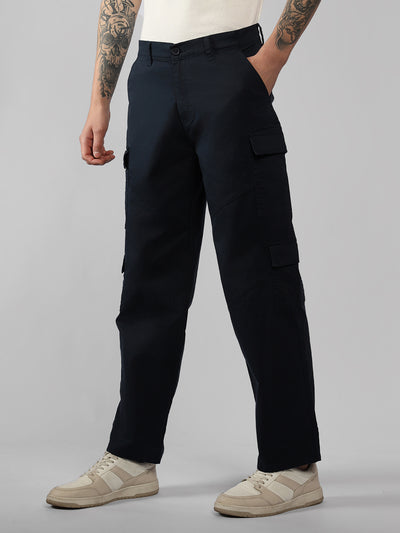 Men's Navy Solid Relaxed Fit Cargos