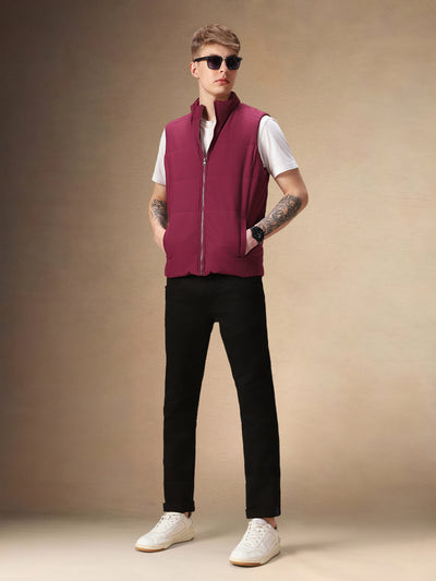 Men's Maroon Solid Stand Collar Sleeveless Gilet Jacket