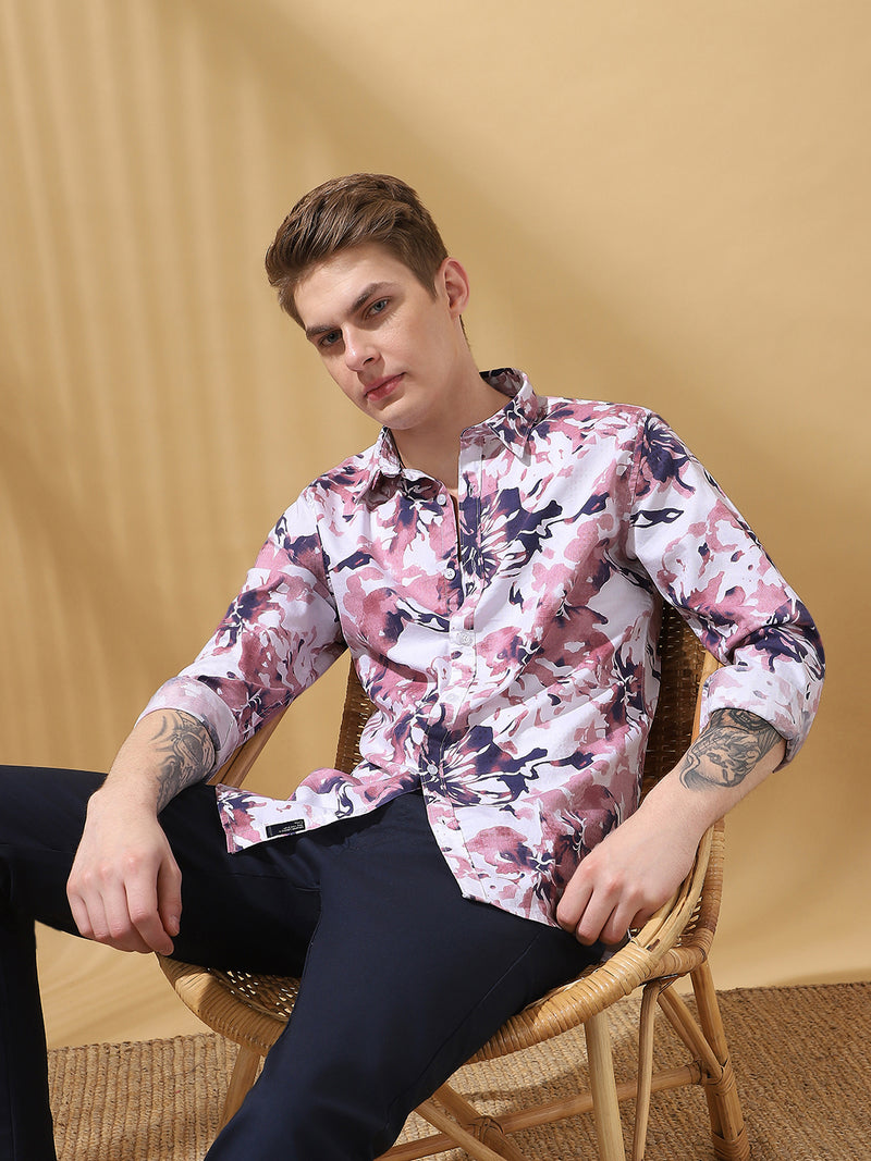 Men's Pink Printed Spread Collar Full Sleeves Casual Shirt