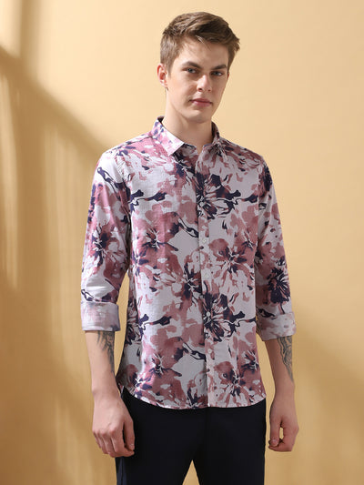 Men's Pink Printed Spread Collar Full Sleeves Casual Shirt