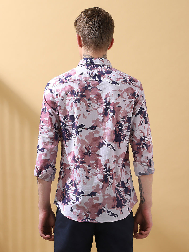 Men's Pink Printed Spread Collar Full Sleeves Casual Shirt