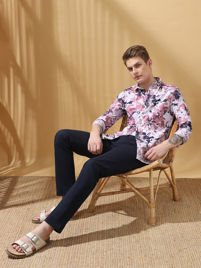 Men's Pink Printed Spread Collar Full Sleeves Casual Shirt