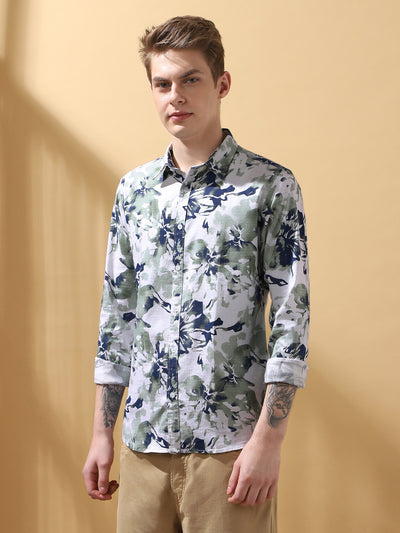 Men's Green Printed Spread Collar Full Sleeves Casual Shirt