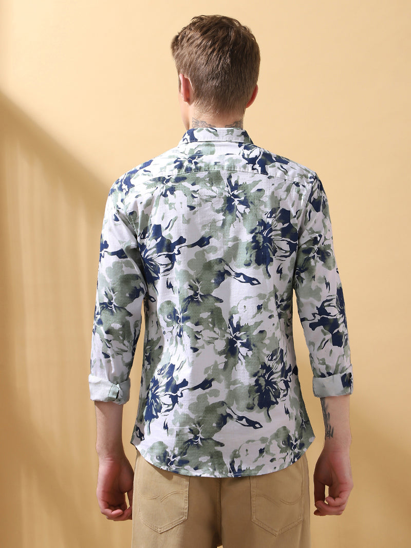 Men's Green Printed Spread Collar Full Sleeves Casual Shirt