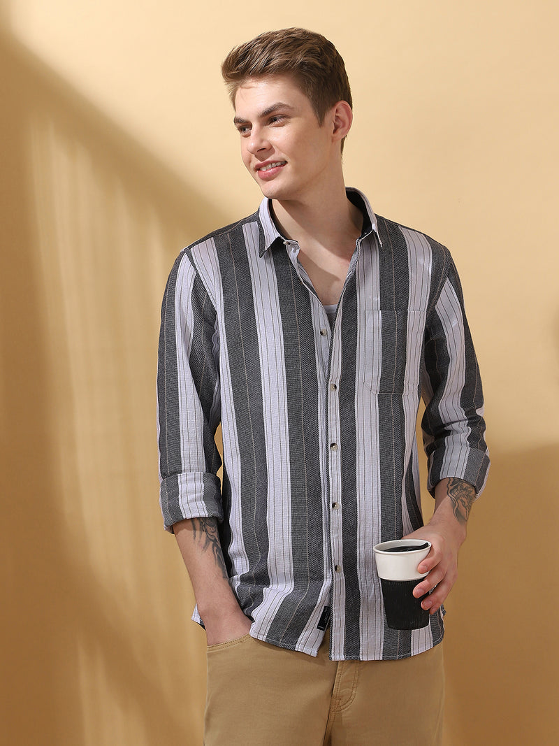 Men's Charcoal Striped Spread Collar Full Sleeves Casual Shirt