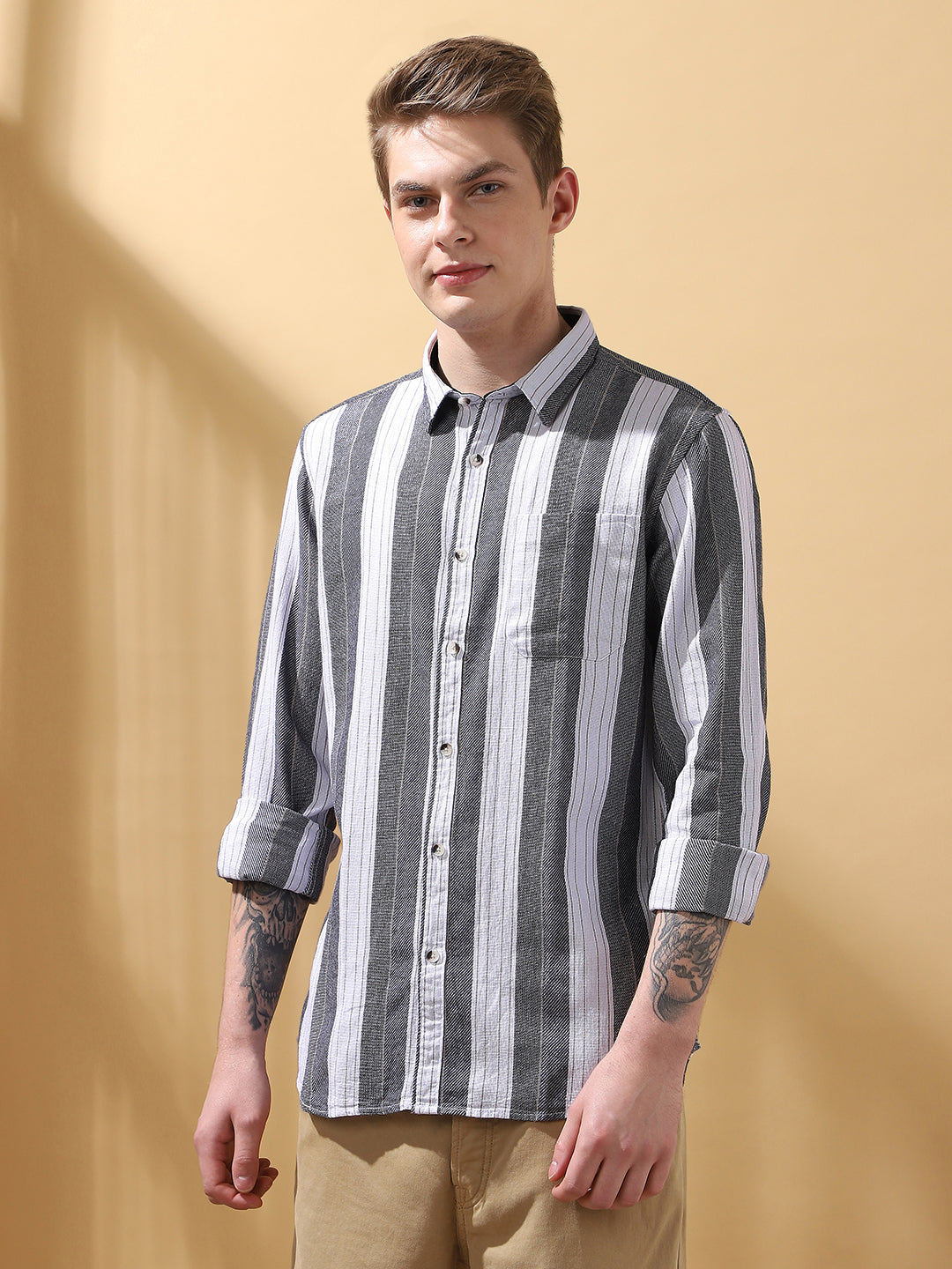 Men's Charcoal Striped Spread Collar Full Sleeves Casual Shirt