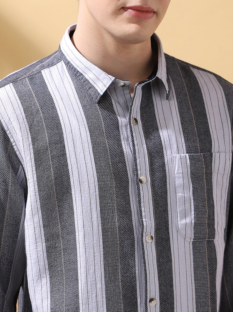 Men's Charcoal Striped Spread Collar Full Sleeves Casual Shirt