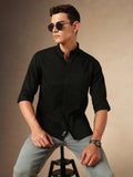 Men's Black Solid Spread Collar Full Sleeves Casual Shirt