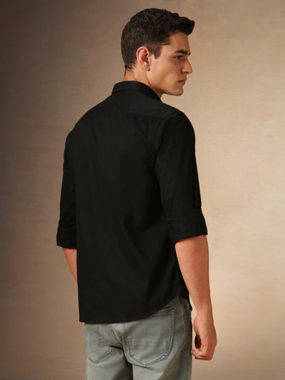 Men's Black Solid Spread Collar Full Sleeves Casual Shirt