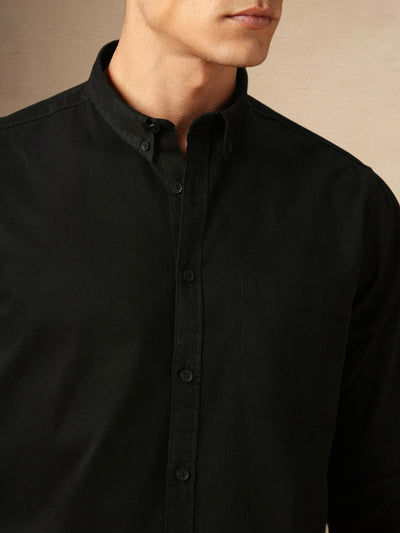 Men's Black Solid Spread Collar Full Sleeves Casual Shirt