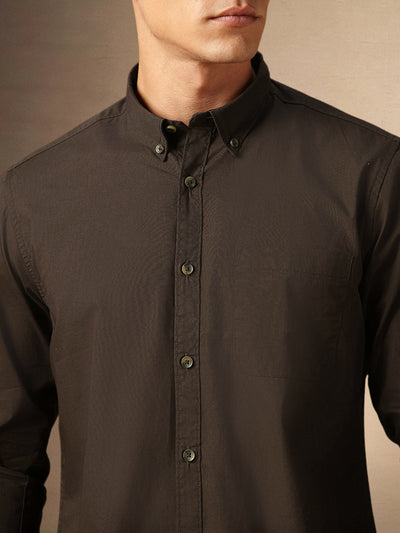 Men's Brown Solid Button Down collar Full Sleeves Casual Shirt