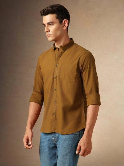 Men's Khaki Solid Button Down collar Full Sleeves Casual Shirt