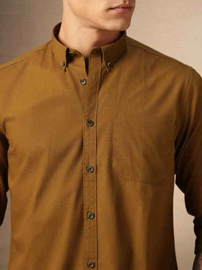 Men's Khaki Solid Button Down collar Full Sleeves Casual Shirt