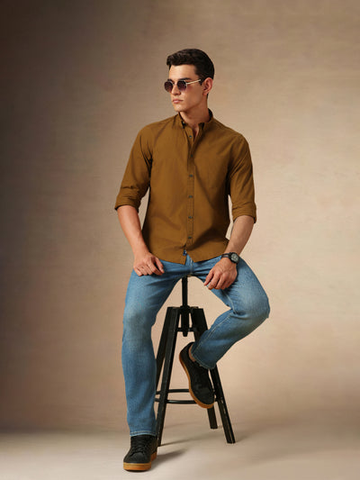 Men's Khaki Solid Button Down collar Full Sleeves Casual Shirt