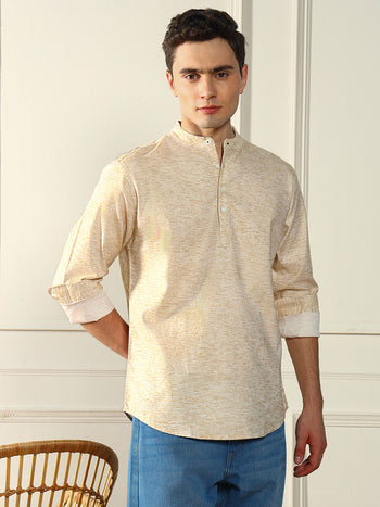 Men's Beige Solid Mandarin Collar Cotton Shirt