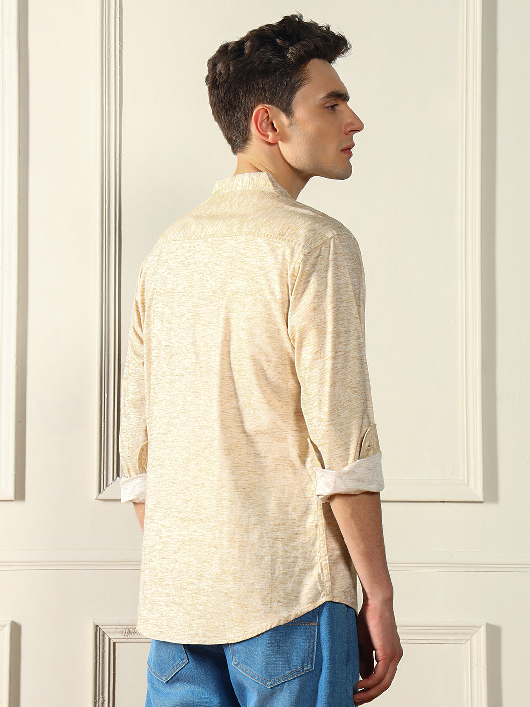 Men's Beige Solid Mandarin Collar Cotton Shirt