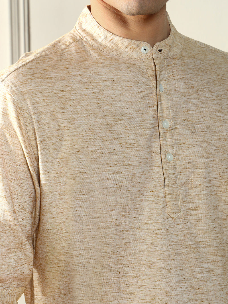 Men's Beige Solid Mandarin Collar Cotton Shirt