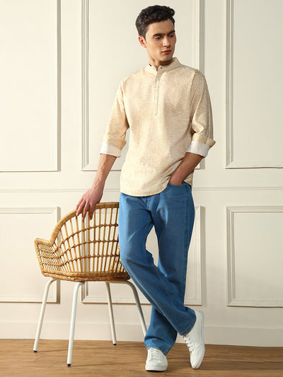 Men's Beige Solid Mandarin Collar Cotton Shirt