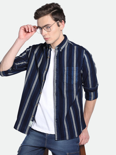 Men's Indigo Vertical Stripes Spread Collar Cotton Shirt