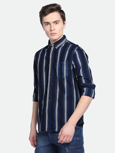 Men's Indigo Vertical Stripes Spread Collar Cotton Shirt