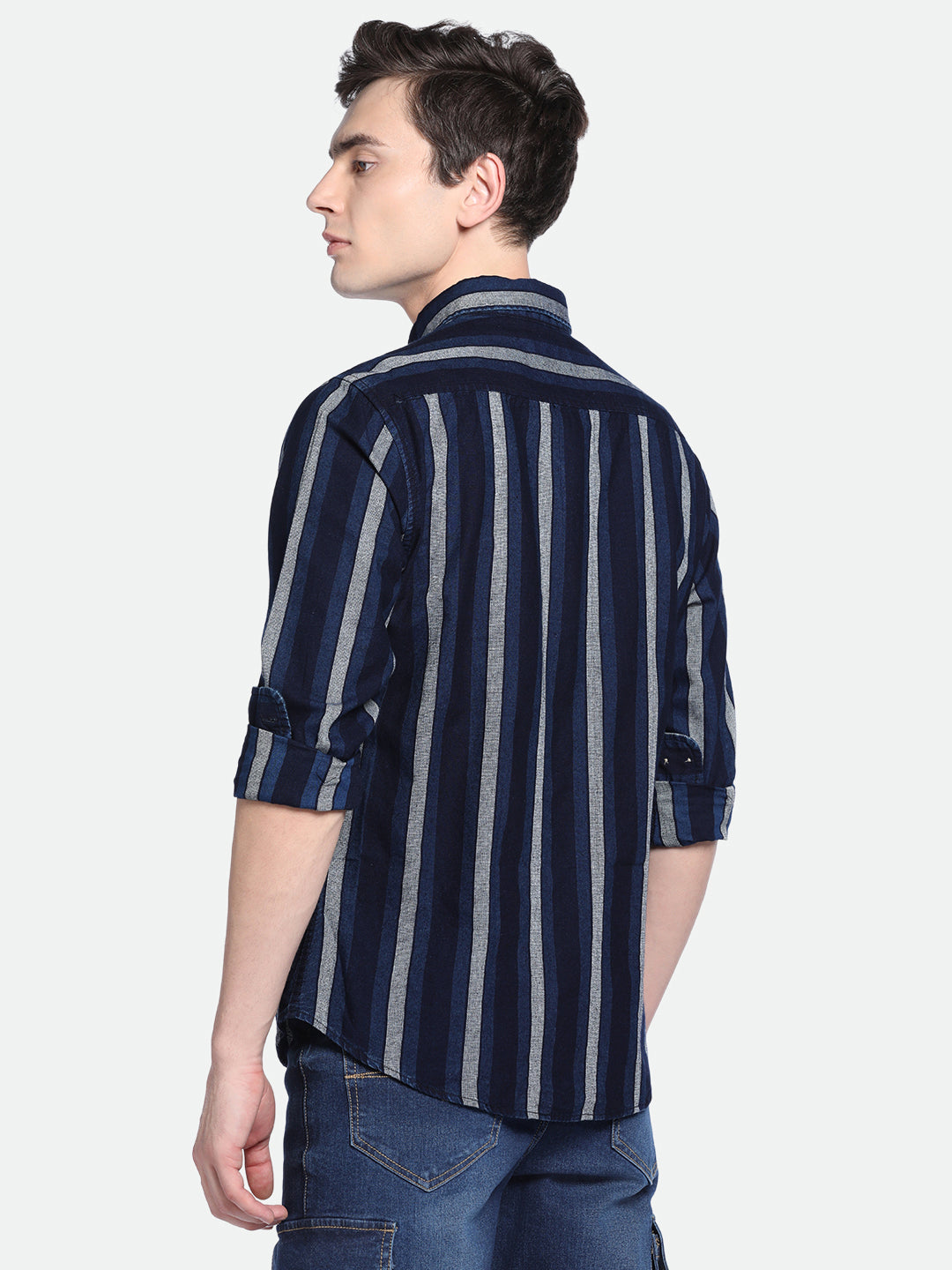 Men's Indigo Vertical Stripes Spread Collar Cotton Shirt