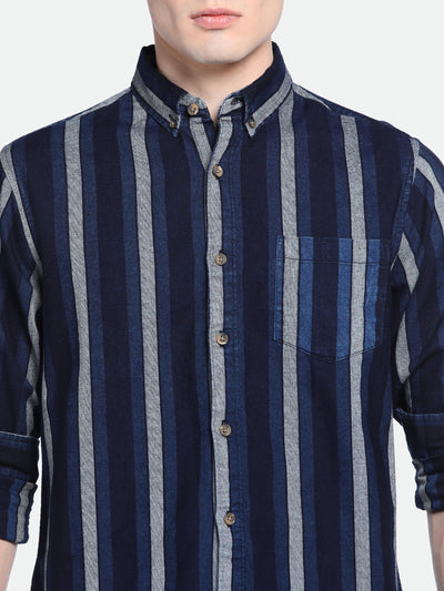 Men's Indigo Vertical Stripes Spread Collar Cotton Shirt