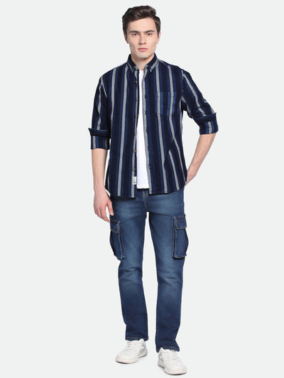 Men's Indigo Vertical Stripes Spread Collar Cotton Shirt