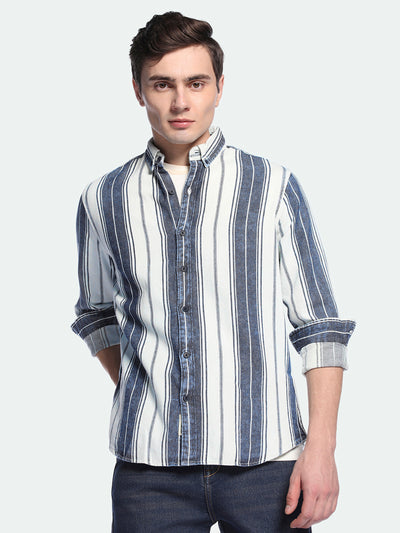 Men's Indigo Vertical Stripes Button Down Collar Cotton Shirt