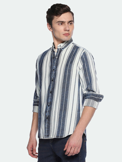 Men's Indigo Vertical Stripes Button Down Collar Cotton Shirt