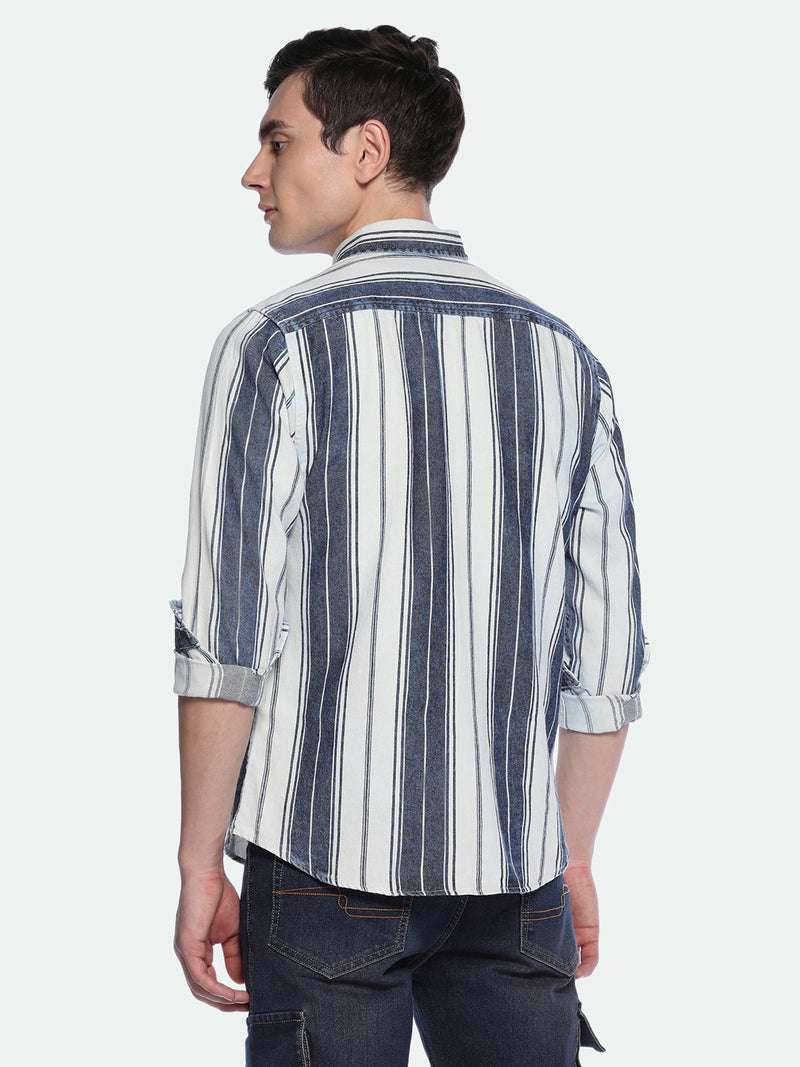 Men's Indigo Vertical Stripes Button Down Collar Cotton Shirt