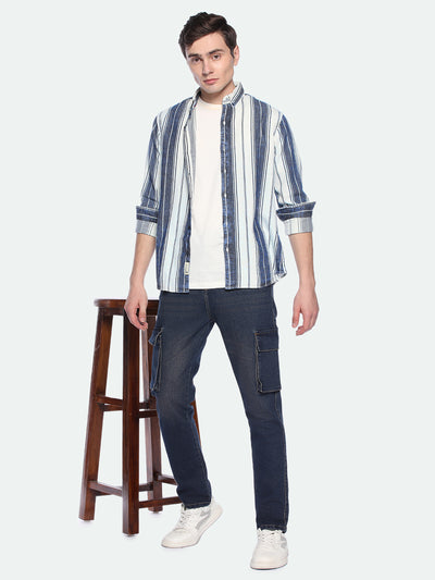 Men's Indigo Vertical Stripes Button Down Collar Cotton Shirt