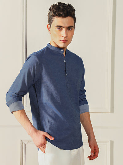 Dennis Lingo Men's Blue Solid Mandarin collar Cotton Shirt