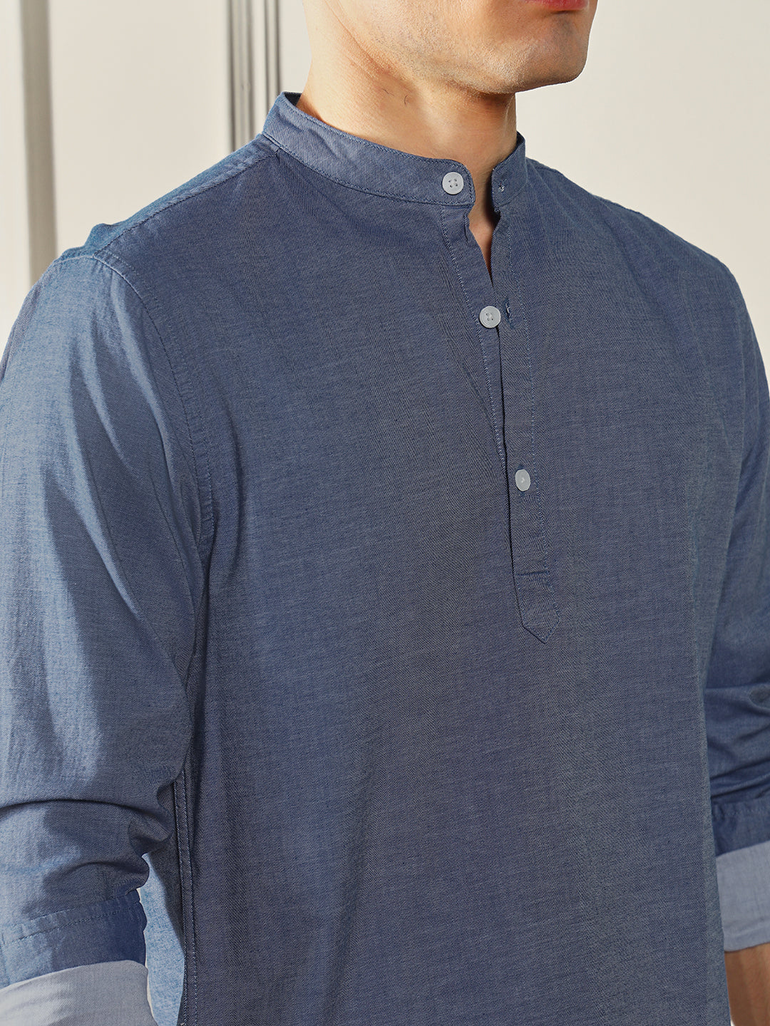 Dennis Lingo Men's Blue Solid Mandarin collar Cotton Shirt