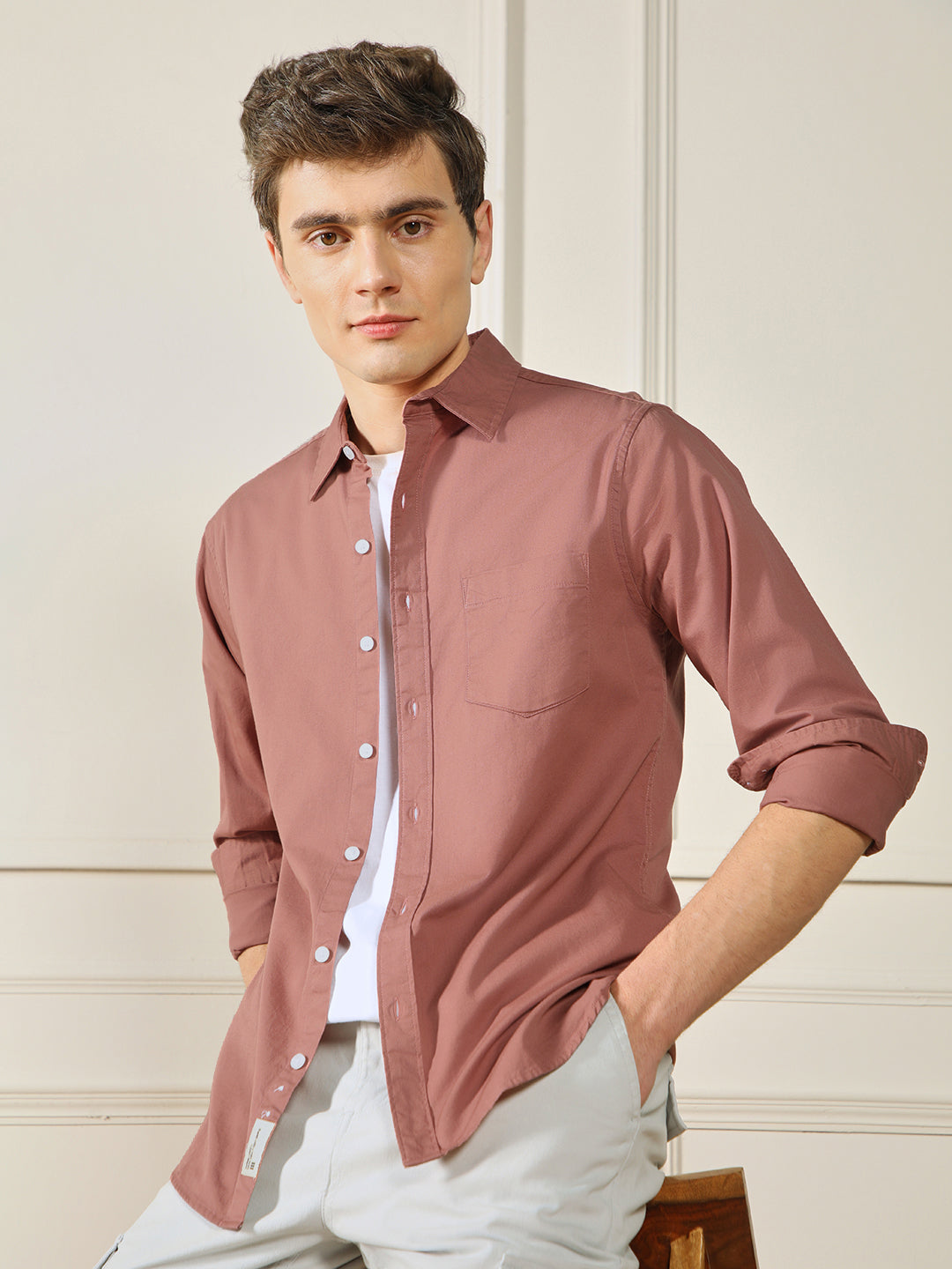 Men's Orange Solid Spread Collar Cotton Shirt