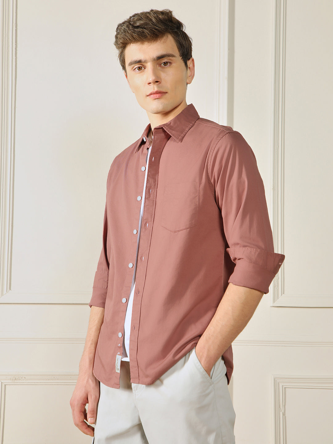 Men's Orange Solid Spread Collar Cotton Shirt