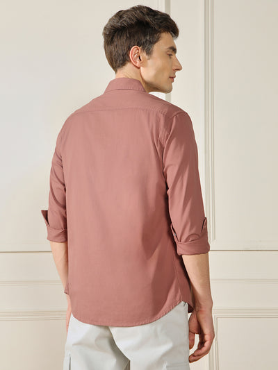 Men's Orange Solid Spread Collar Cotton Shirt