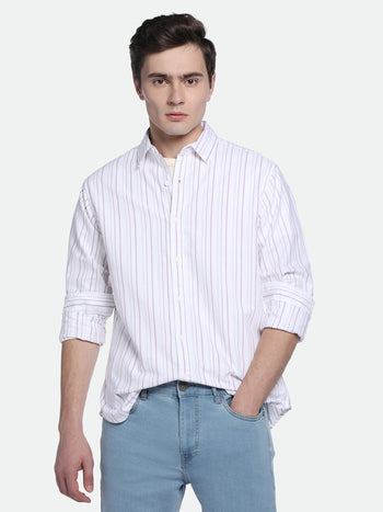 Men's Pink Vertical Stripes Spread Collar Cotton Shirt