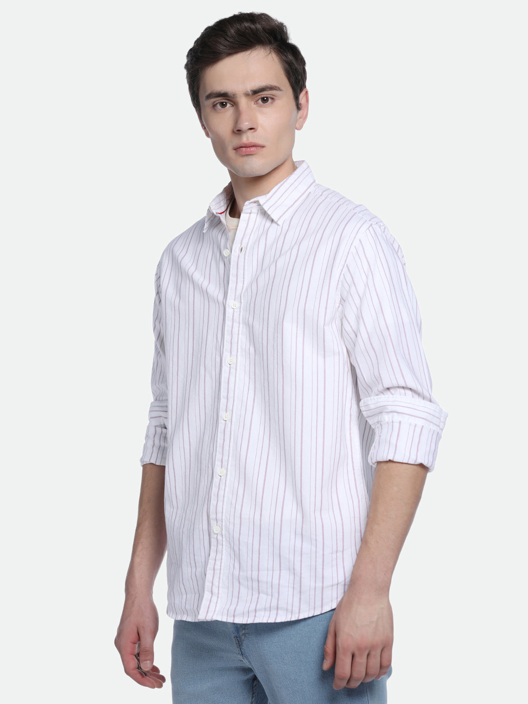 Men's Pink Vertical Stripes Spread Collar Cotton Shirt